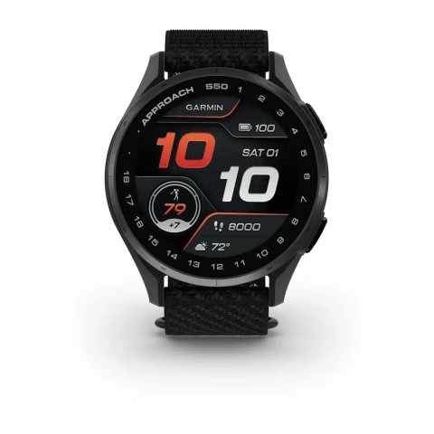Смарт-годинник Garmin Approach S50 зі сланцевим алюмінієвим безелем та чорним нейлоновим ремінцем ComfortFit