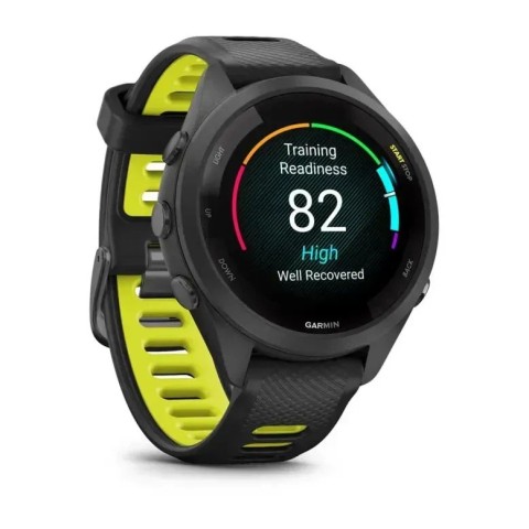 Смарт-годинник Garmin Forerunner 265s з чорним корпусом та чорним/жовтим силіконовим ремінцем