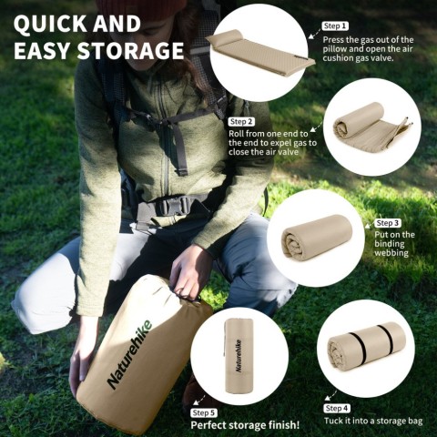 Матрац з подушкою ортопедичний одномісний  Naturehike CNK2450WS020, самонадувний, 200х63х10 см, бежевий