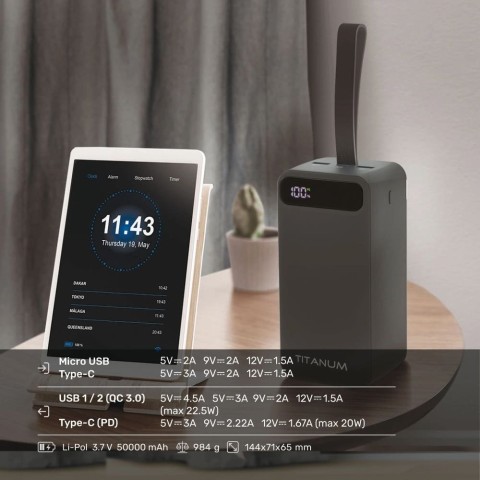 Повербанк Titanum 741S 22.5W Black 50000mAh