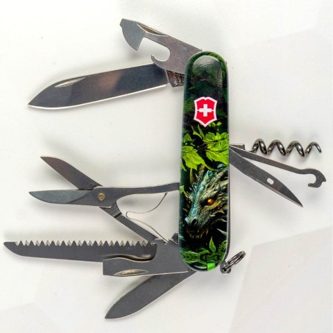 Ніж Victorinox Huntsman Zodiac 91мм,15функ ,Зелений дерев'яний дракон