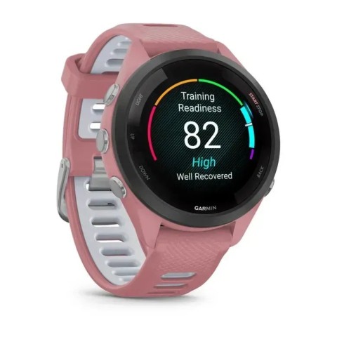 Смарт-годинник Garmin Forerunner 265s з чорним безелем, рожевим корпусом та рожевим/сірим силіконовим ремінцем