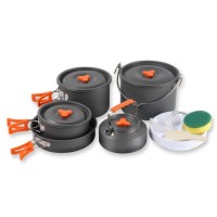 Набір туристичного посуду (2 каструлі з кришкою, котелок, сковорідка, чайник, 6 тарілок, ложка, черпак та губка) BRS-157, алюміній