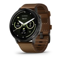 Спортивний годинник Garmin Venu 4 45 мм Slate Black із чорним силіконовим та Brown коричневим шкіряним ремінцями 010-03014-03