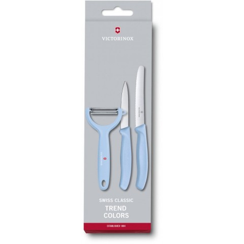 Набір кухонний Victorinox SwissClassic Paring Set 3шт з блакит. ручкою (2 ножа, овощечистка Tomato and Kiwi) у подар.упак.