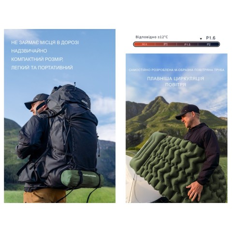 Матрац туристичний надувний двомісний  Naturehike CNK2550WS019, 200х125х6.5 см, зелений, для кемпінгу із мішком для надування