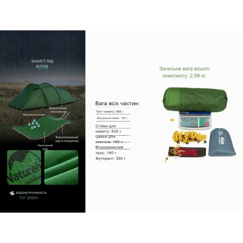 Намет тримісний Naturehike Opalus, UL, NH17L001-L, світло-зелений