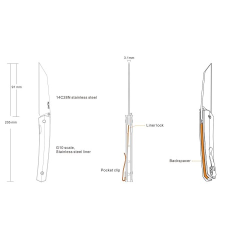 Ніж складаний туристичний Ruike Fang P865-B, (9.1 см) 14C28N / G10 чорний