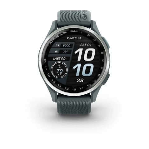 Смарт-годинник Garmin Approach S44 зі сріблястим алюмінієвим безелем та сірим ремінцем
