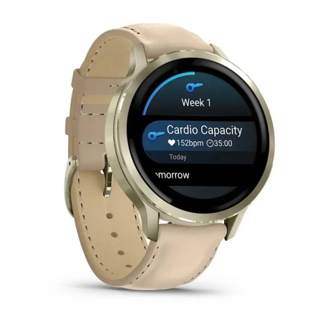 Смарт-годинник Garmin Venu 4 (41 мм) місячне золото з силіконовим ремінцем кольору слонової кістки і пісочним шкіряним