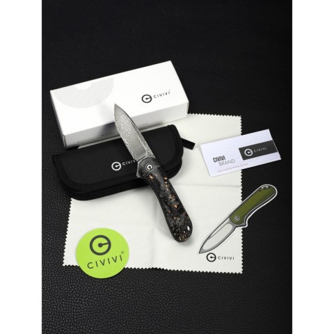 Ніж складаний кишеньковий Civivi Elementum, (7.5 см) Damascus / Carbon Fiber чорний