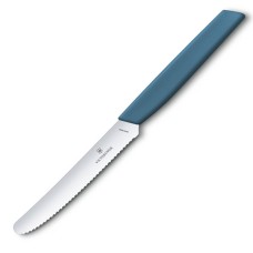 Кухонний ніж Victorinox Swiss Modern Tomato&Sausage 11см закругл.нос, хвил. з син. ручкою
