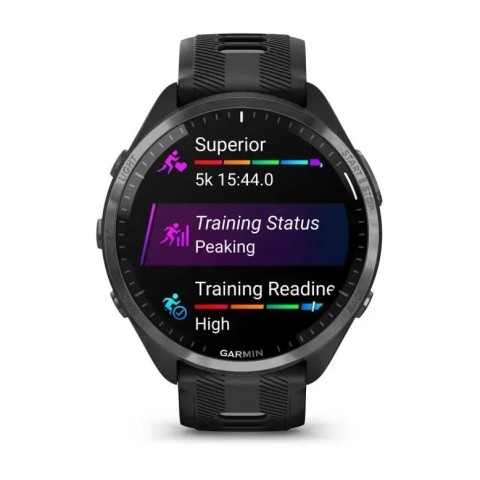 Смарт-часы Garmin Forerunner 965 с карбоново-серым титановым безелем, черным корпусом и черным/серым силиконовым ремешком