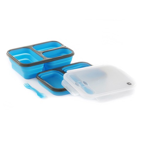 Ланчбокс складаний з кришкою-засувкою та ловилкою блакитний СИЛА (350 мл/350 мл/650 мл))
