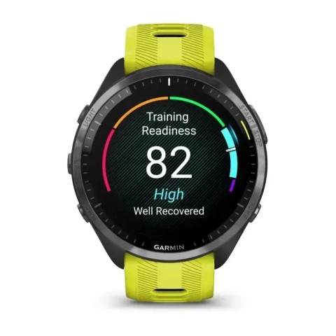 Смарт-годинник Garmin Forerunner 965 з карбоново-сірим титановим безелем, чорним корпусом та жовтим/чорним силіконовим ремінцем