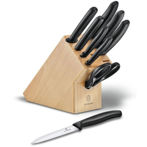 Набір кухонний Victorinox SwissClassic Cutlery Block 9шт з чорн. ручкою з підставкою (6 ножів, точило, вилка, ножиці)