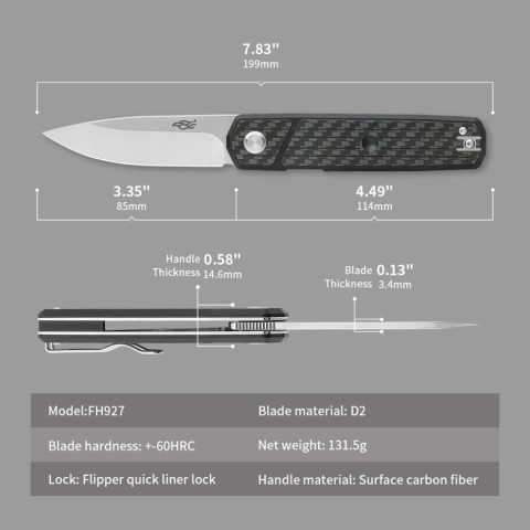 Ніж туристичний Firebird FH927 (8.5 см) D2 / G10 & карбон чорний