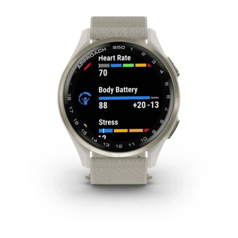 Смарт-годинник Garmin Approach S50 з кремово-золотистим алюмінієвим безелем і нейлоновим ремінцем ComfortFit кольору слонової кістки