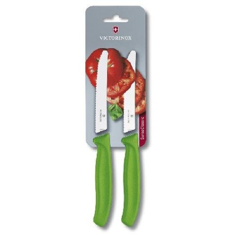 Кухонний ніж Victorinox SwissClassic Tomato&Sausage лезо 11см хвил. з зел. ручкою 2шт (блістер)