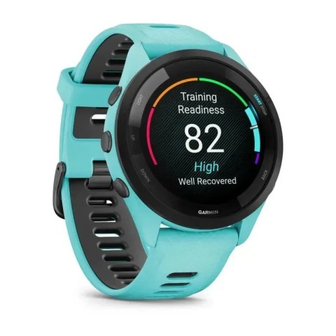 Смарт-годинник Garmin Forerunner 265 з чорним безелем, корпусом кольору аква та аква/чорним силіконовим ремінцем