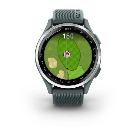 Смарт-годинник Garmin Approach S44 зі сріблястим алюмінієвим безелем та сірим ремінцем
