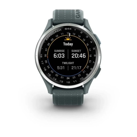 Смарт-годинник Garmin Approach S44 зі сріблястим алюмінієвим безелем та сірим ремінцем