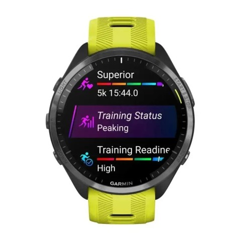 Смарт-годинник Garmin Forerunner 965 з карбоново-сірим титановим безелем, чорним корпусом та жовтим/чорним силіконовим ремінцем