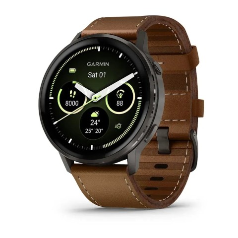 Смарт-годинник Garmin Venu 4 (45 мм) сланцевий з чорним силіконовим ремінцем та коричневим шкіряним