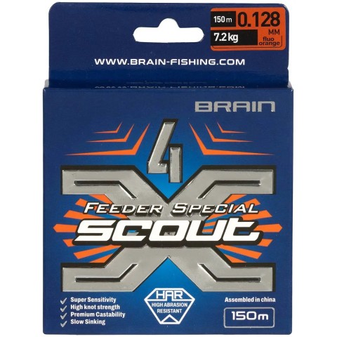 Шнур Brain Scout 4X 150m (fluoro Orange) 0.128mm 7.2kg