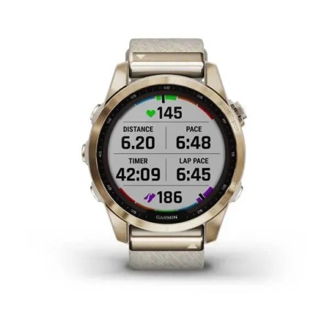 Смарт-часы Garmin fenix 7S Sapphire Solar кремово-золотистые титановые с нейлоновым ремешком кремового цвета