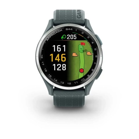 Смарт-годинник Garmin Approach S44 зі сріблястим алюмінієвим безелем та сірим ремінцем