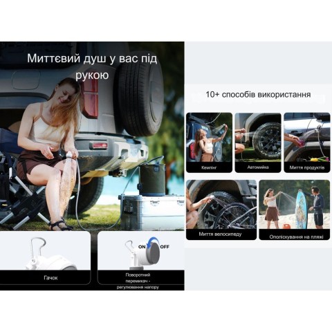 Душ портативний з насосом на акумуляторі Flextail Tiny Shower, білий