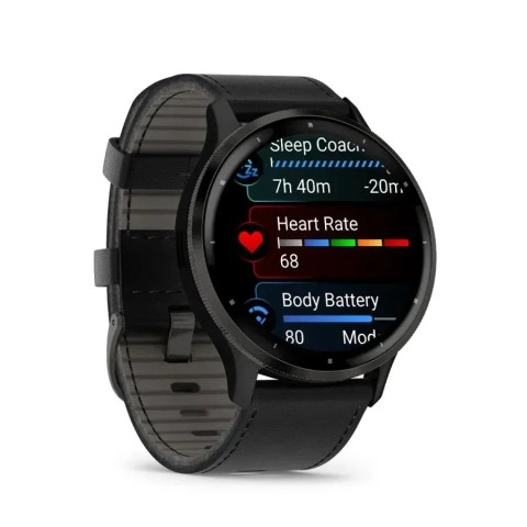 Смарт-годинник Garmin Venu 3 чорний зі сланцевим сталевим безелем і шкіряним ремінцем