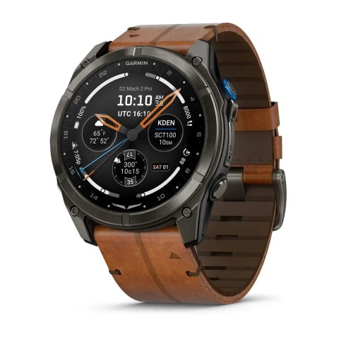 Смарт-годинник Garmin D2 Mach 2 Pro карбоново-сірий DLC титановий з каштановим шкіряним ремінцем
