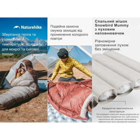 Спальник з натуральним пухом Naturehike Snowbird CNK2550WS014, p-р L, коричневий 400 г