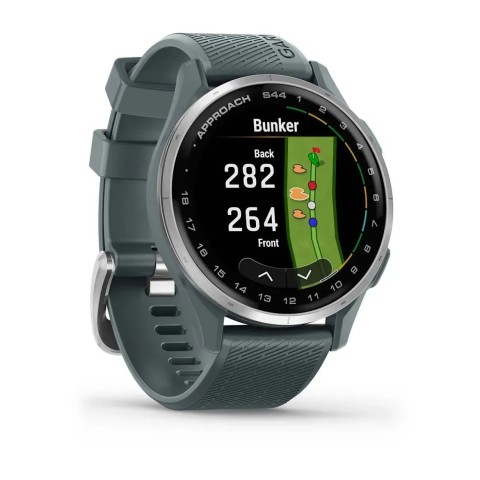 Смарт-годинник Garmin Approach S44 зі сріблястим алюмінієвим безелем та сірим ремінцем