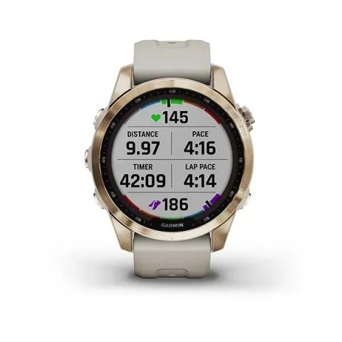 Смарт-годинник Garmin fenix 7S Sapphire Solar кремово-золотистий титановий зі світло-пісочним ремінцем