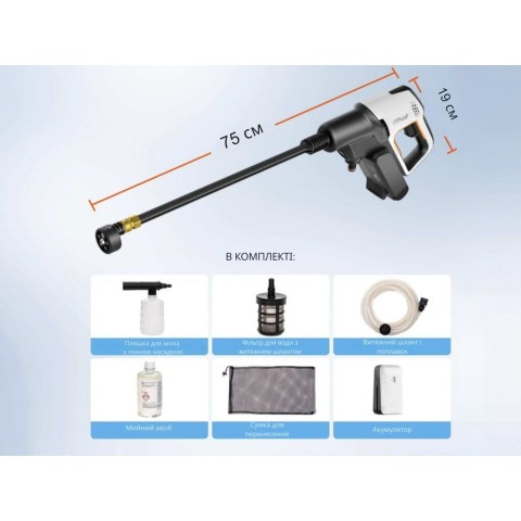 Акумуляторна мийка високого тиску, живлення від павербанку (УМБ Litheli Power Bank 20000 mAh, 45 W, 4А в комплекті)