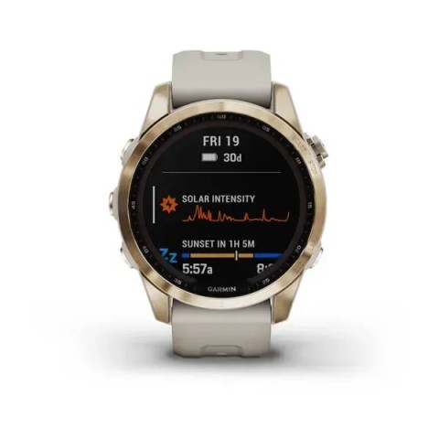 Смарт-годинник Garmin fenix 7S Sapphire Solar кремово-золотистий титановий зі світло-пісочним ремінцем