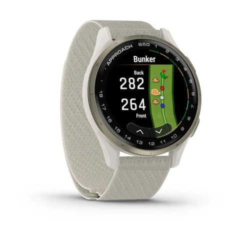 Смарт-годинник Garmin Approach S50 з кремово-золотистим алюмінієвим безелем і нейлоновим ремінцем ComfortFit кольору слонової кістки