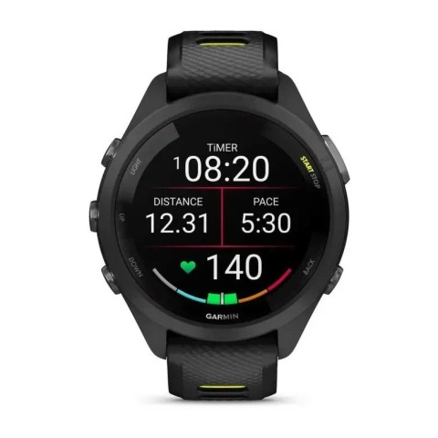 Смарт-часы Garmin Forerunner 265s с черным корпусом и черно-желтым силиконовым ремешком
