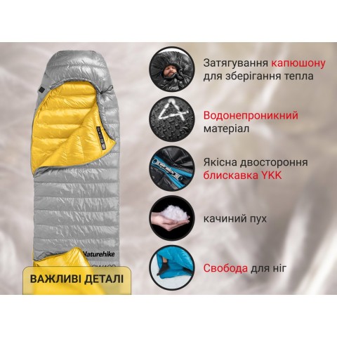 Спальник з натуральним пухом Naturehike CW400 NH18C400-D, p-р L, жовто-сірий