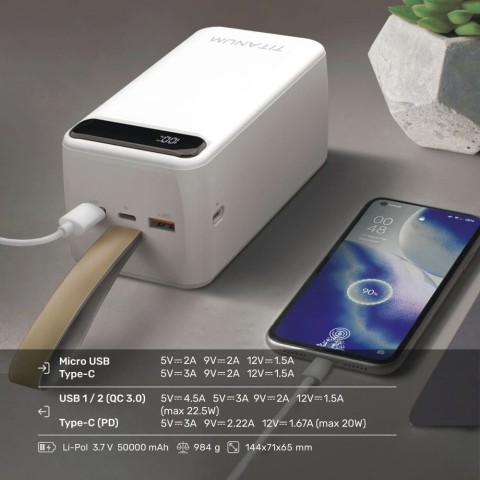 Повербанк Titanum 741S 22.5W White 50000mAh