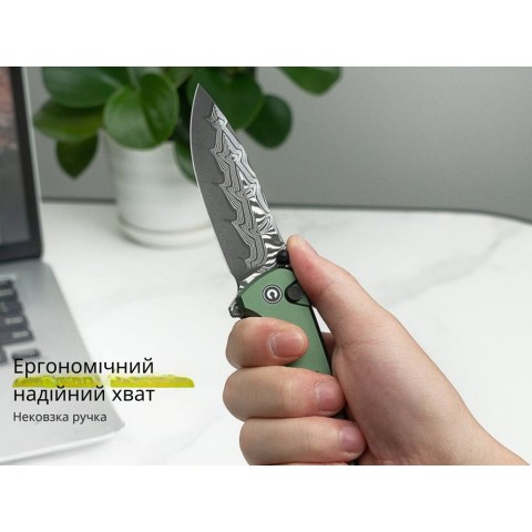 Ніж складаний туристичний Civivi Hyperpulse, (8.9 см) Damascus / Aluminum темно-зелений