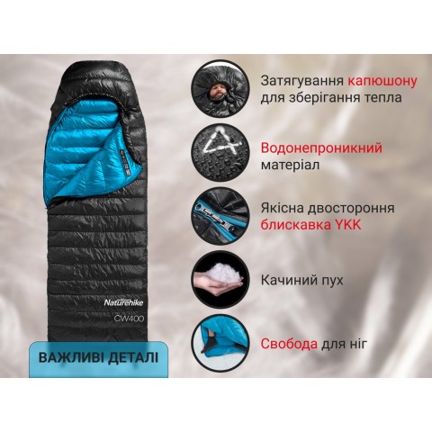 Спальник з натуральним пухом Naturehike CW400 NH18C400-D, p-р M, жовто-сірий