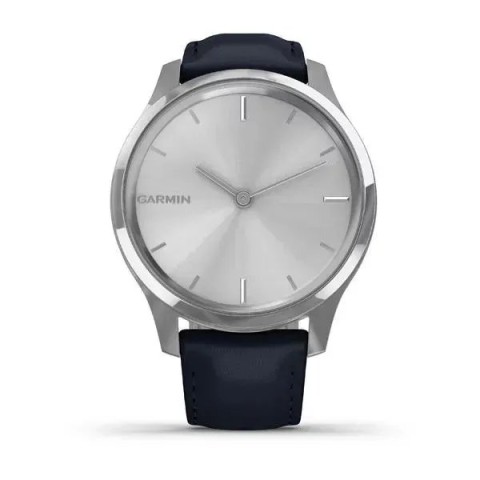 Смарт-годинник Garmin vivomove Luxe зі сріблястим корпусом та темно-синім ремінцем