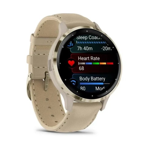 Смарт-годинник Garmin Venu 3s французький сірий із золотистим сталевим безелем і шкіряним ремінцем