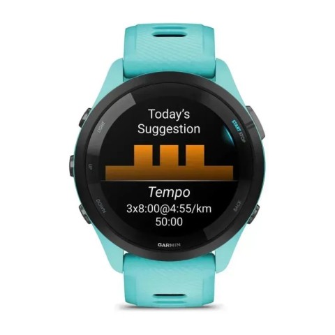 Смарт-годинник Garmin Forerunner 265 з чорним безелем, корпусом кольору аква та аква/чорним силіконовим ремінцем