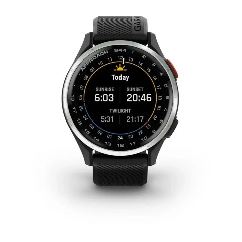 Смарт-годинник Garmin Approach S44 зі сріблястим алюмінієвим безелем та чорним ремінцем