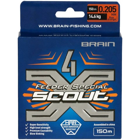 Шнур Brain Scout 4X 150m (fluoro Orange) 0.205mm 14.6kg